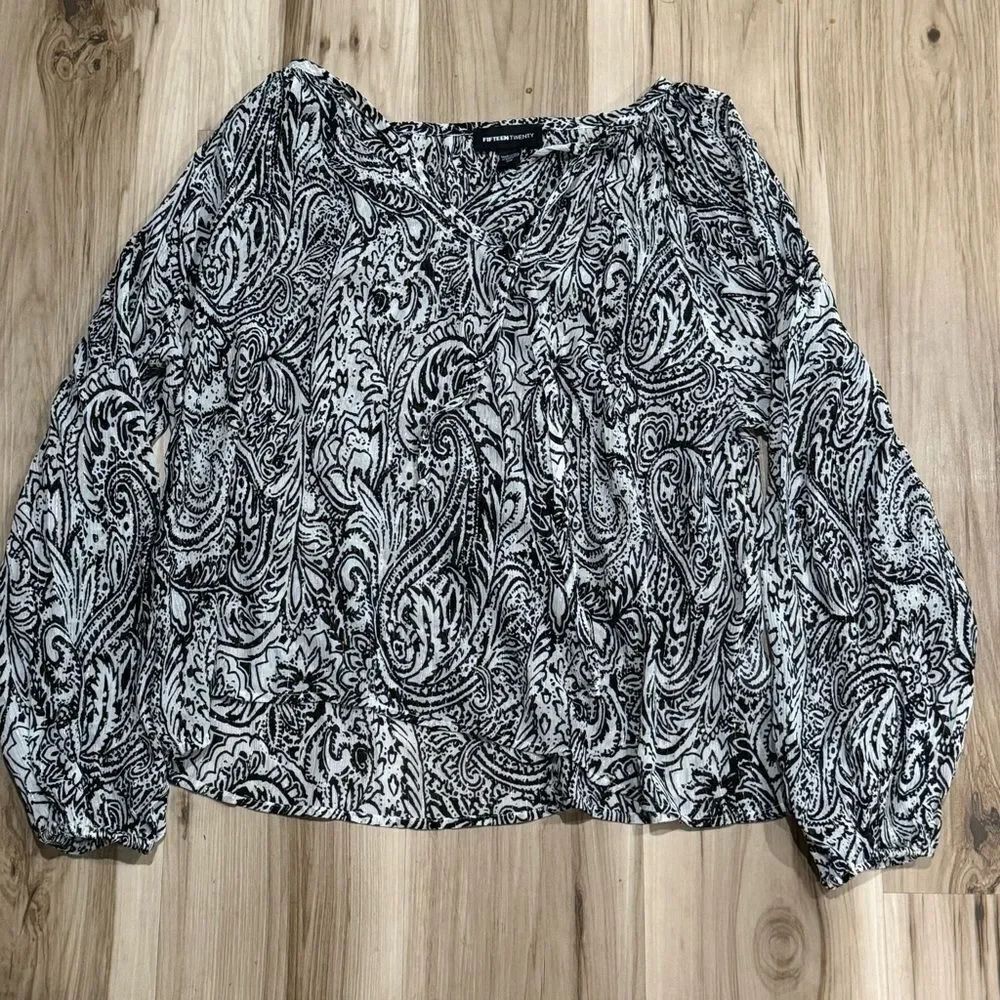 Fifteen Twenty Black White Gold Tie Neck Blouse Women’s XS